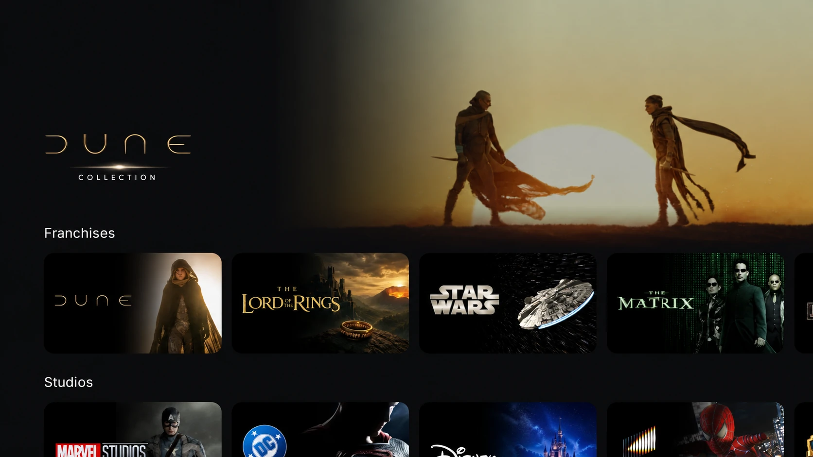 Nuvio Franchises collection showing Dune, The Lord of the Rings, Star Wars, and The Matrix