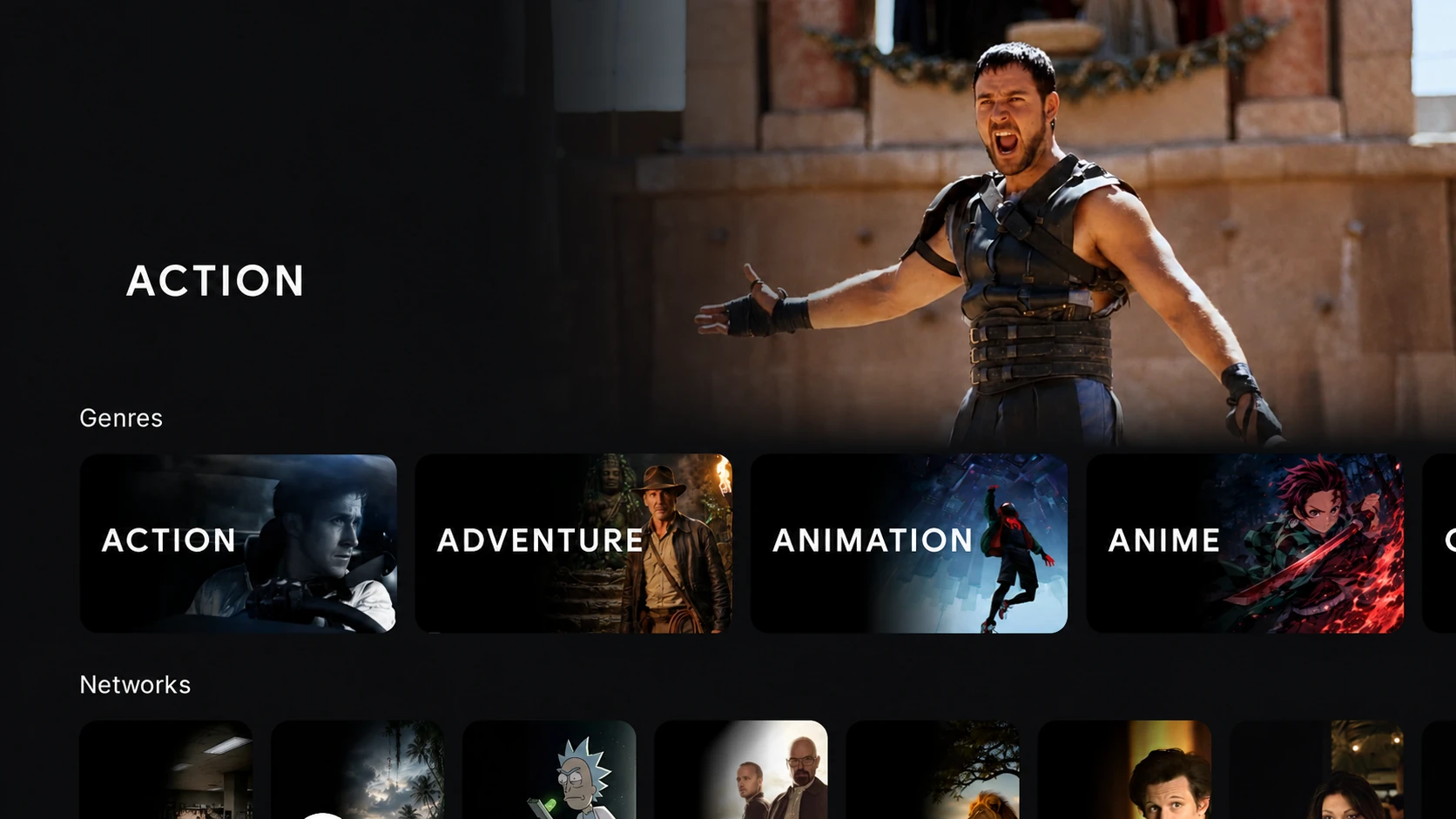Nuvio Genres collection showing Action, Adventure, Animation, and Anime