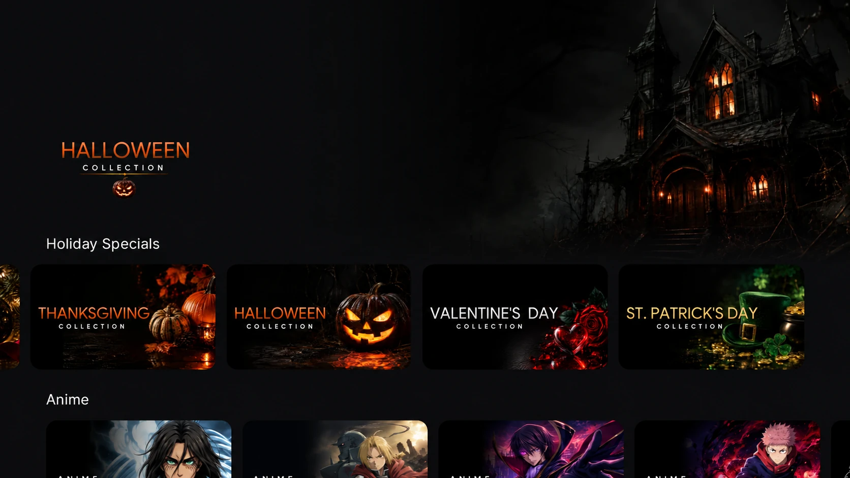 Nuvio Holiday Specials collection showing Thanksgiving, Halloween, Valentine’s Day, and St. Patrick’s Day