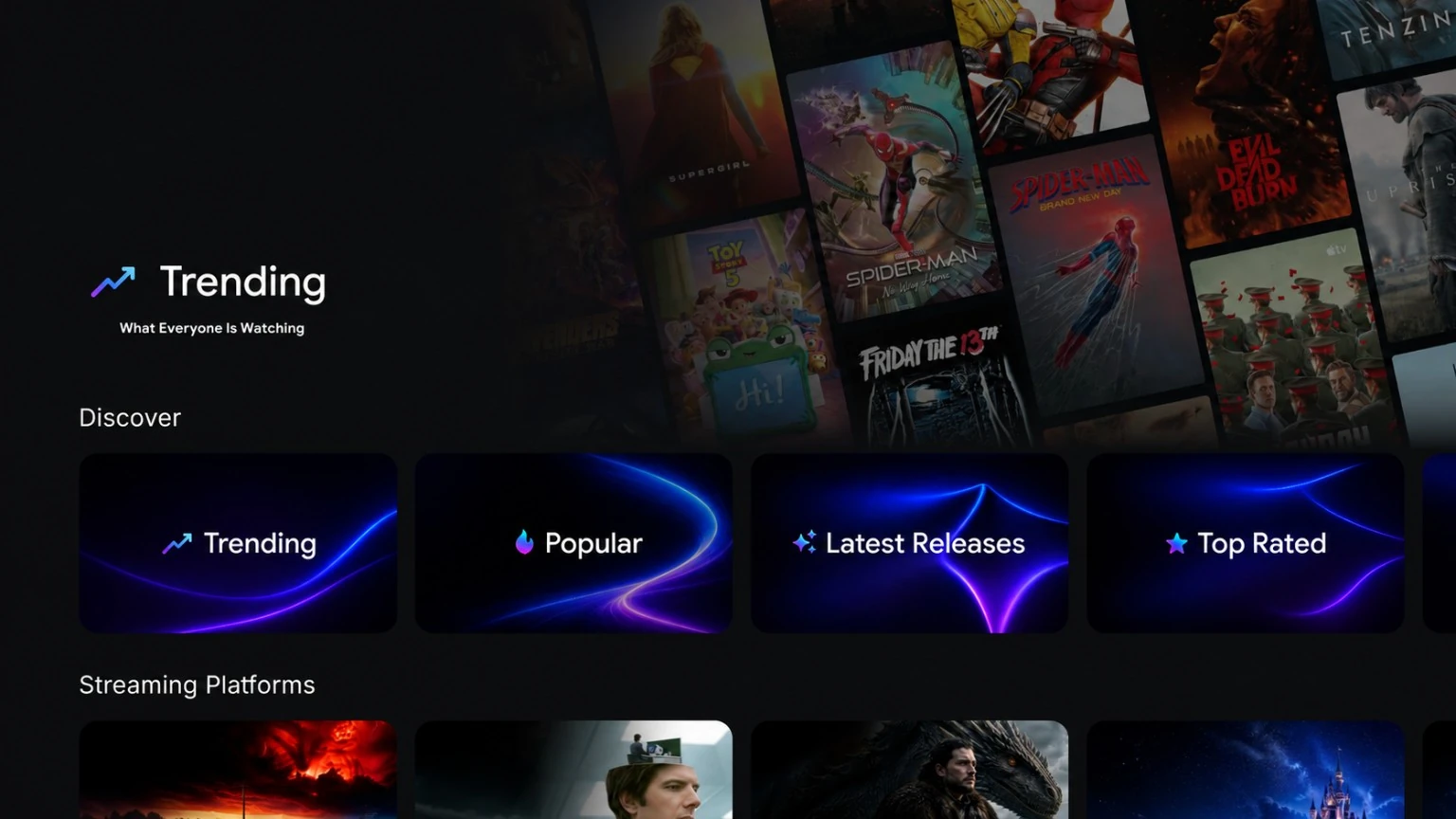 Nuvio Discover showing Trending, Popular, Latest Releases, and Top Rated collections